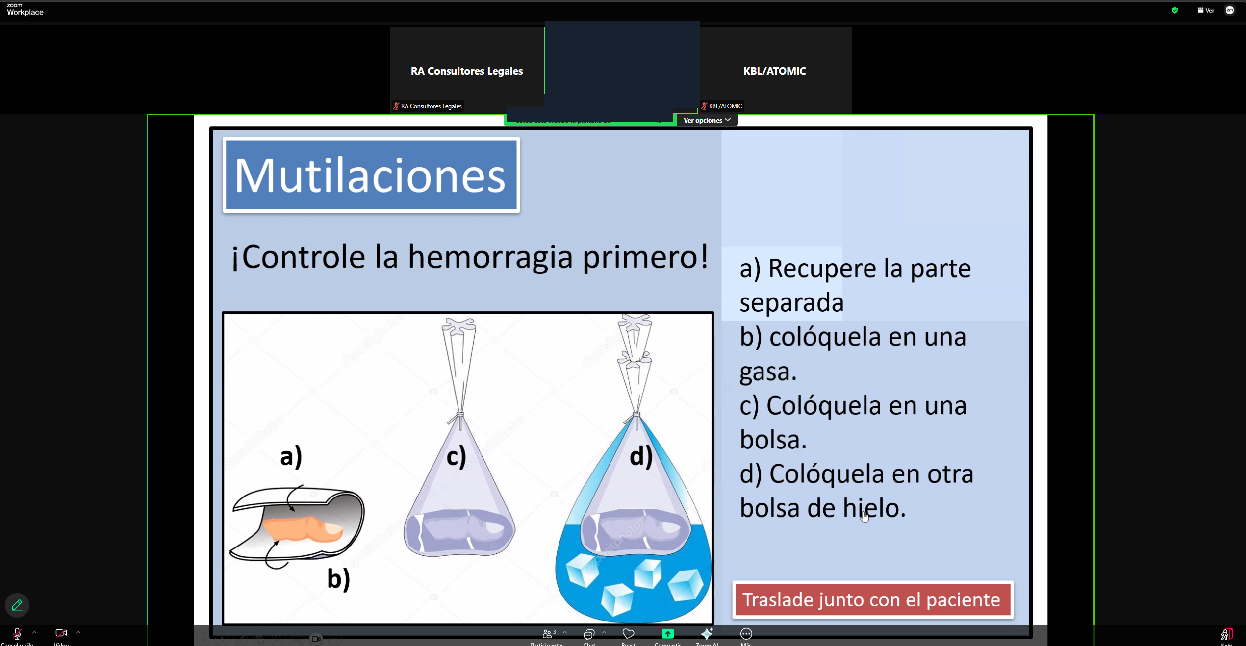 Respuesta ante lesiones: material presentado durante la capacitación.
