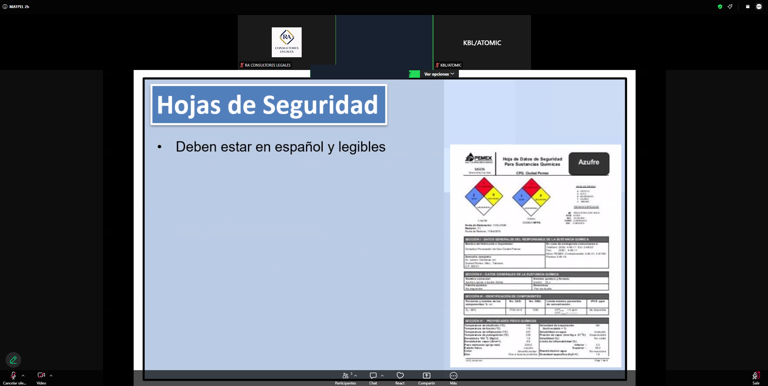 Hojas de seguridad: contenido presentado durante la capacitación en materiales peligrosos.