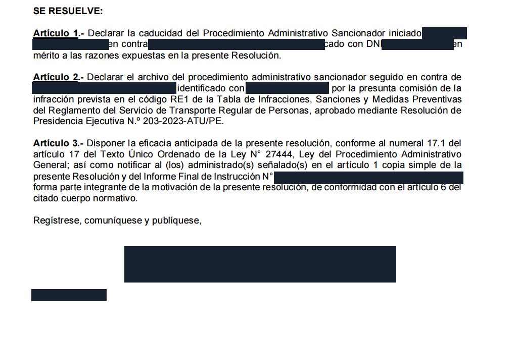 Resolución anonimizada que declara caducidad y archivo de procedimiento por infracción RE1 ante ATU