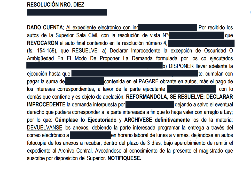 Resolución judicial anonimizada que dispone improcedencia de la demanda y archivo definitivo del proceso de cobro